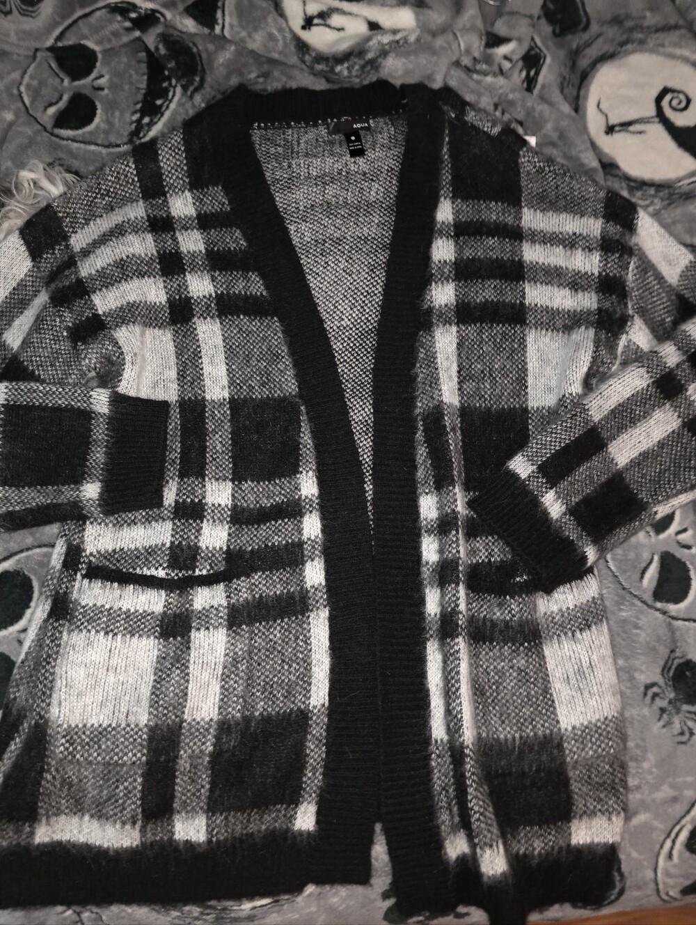 AQUA Black and White Plaid Open-Front Longline Cardigan Sweater M